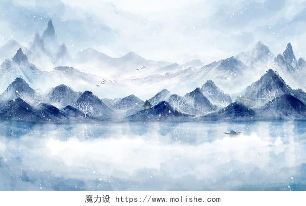中国风水墨节气蓝色冬季冬至大雪小雪山水风景插画海报背景素材